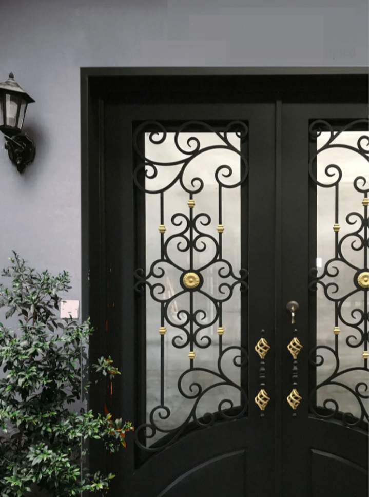 Custom wrought iron door with decorative glass panels