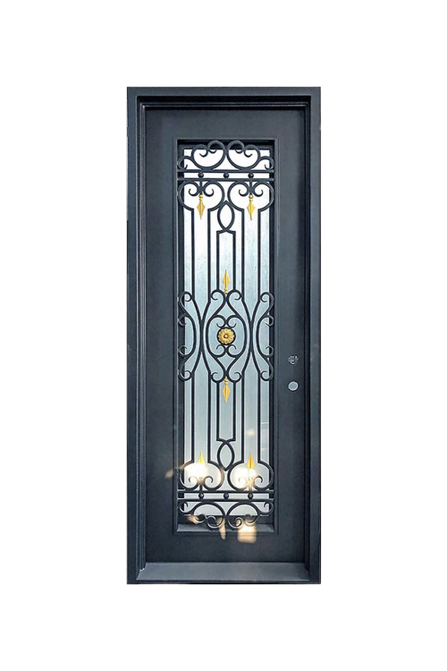 Villa Royale iron door with regal scrollwork and premium black finish