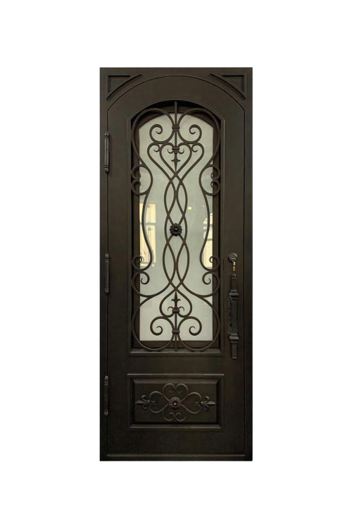 Seville wrought iron door with arched top and intricate scrollwork detailing"