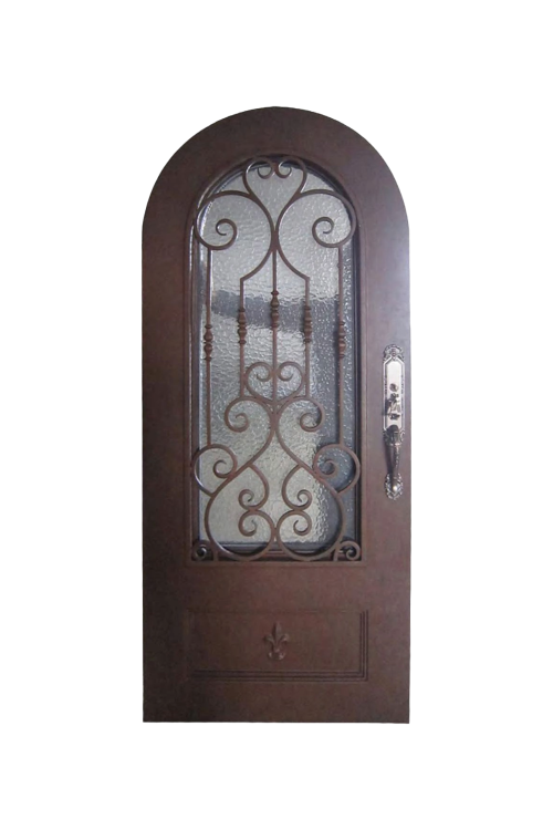 Rustic Passage arched iron door with distressed finish and handmade wrought iron details