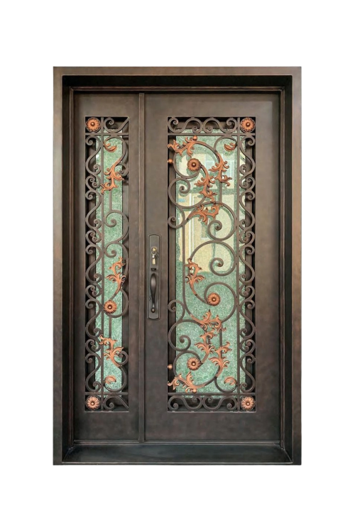 Woven Vines rustic iron door with botanical scrollwork and antique finish