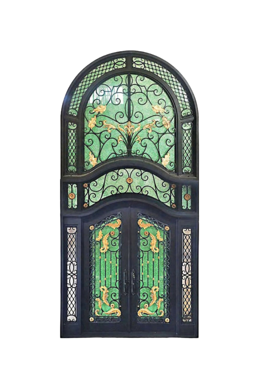 Stunning grand entryway doors crafted from premium wrought iron for a luxurious home entrance.