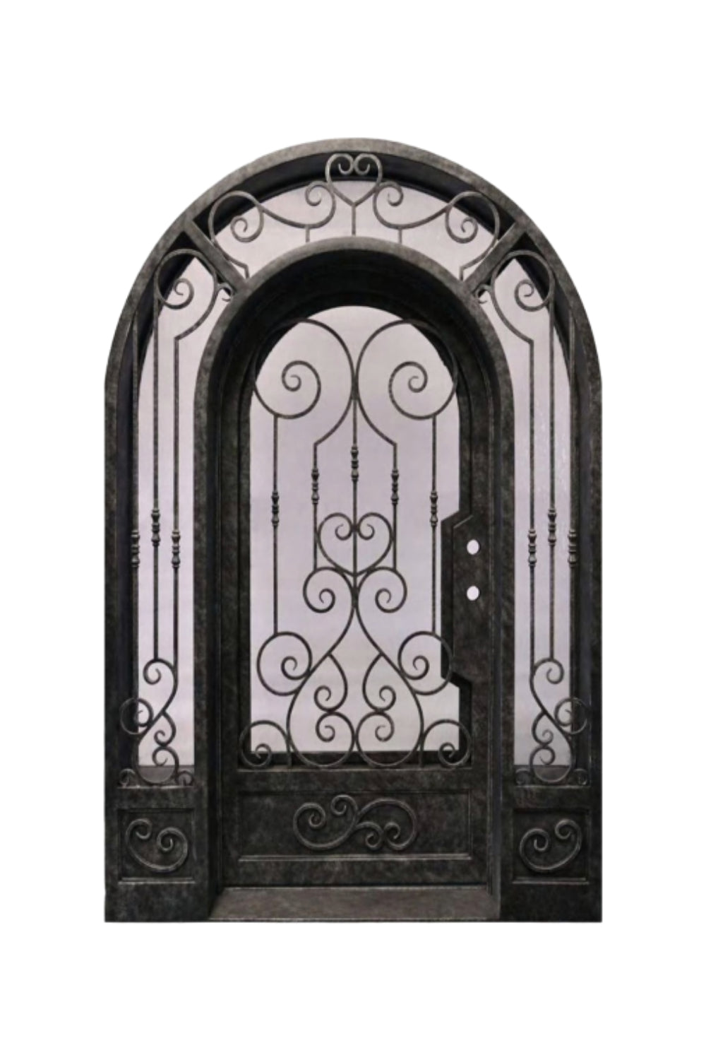 Custom single wrought iron doors with sidelights and details for added elegance.