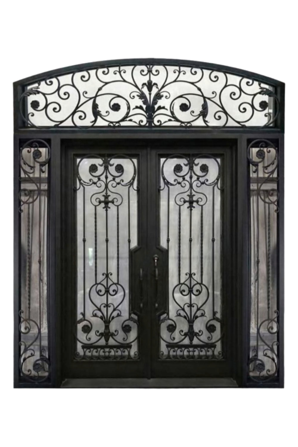 A collection of custom wrought iron doors, featuring a variety of styles including single, double, accented, and grand entryways.