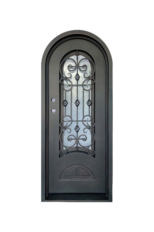 Oxford Estate wrought iron door with ornamental curves and stately black finish