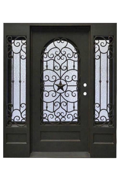 Starred Emblem wrought iron front door with emblem detailing and black powder-coated finish by Nationwide Iron Works