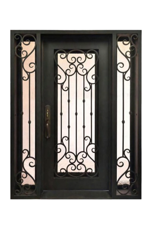 Ornate Sienna iron door with detailed floral motifs and rich black finish