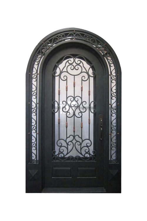 Vita Arcata arched iron front door with intricate scrollwork and black powder-coated finish