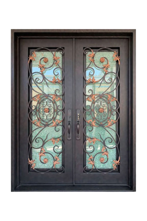Elegant Autumn Double Iron Door – Burnished Bronze Ironwork with Curved Detailing